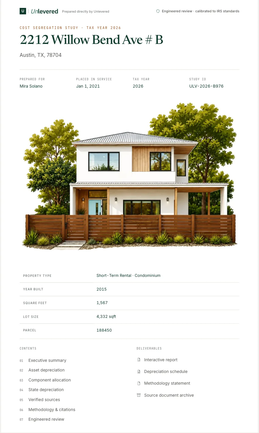 Willow Bend Condo study, cover page: property, basis, and deliverables